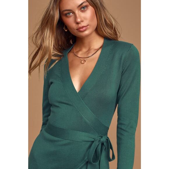Lulu's Literary Lover Forest Green Wrap Sweater Dress XS NWT - Picture 2 of 8